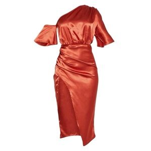 PrettyLittleThing One Shoulder Ruched Skirt Dress / Size 4 / Rust Satin